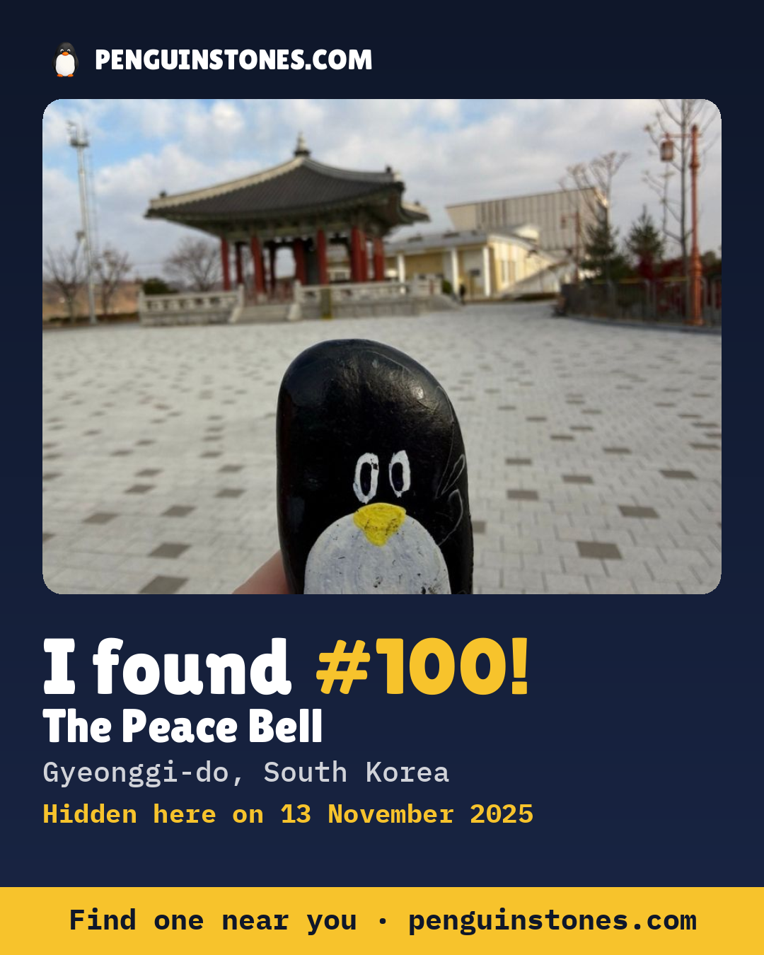 Obrázok s nápisom „I found #100“: fotka kameňa, kde je a ako ďaleko docestoval