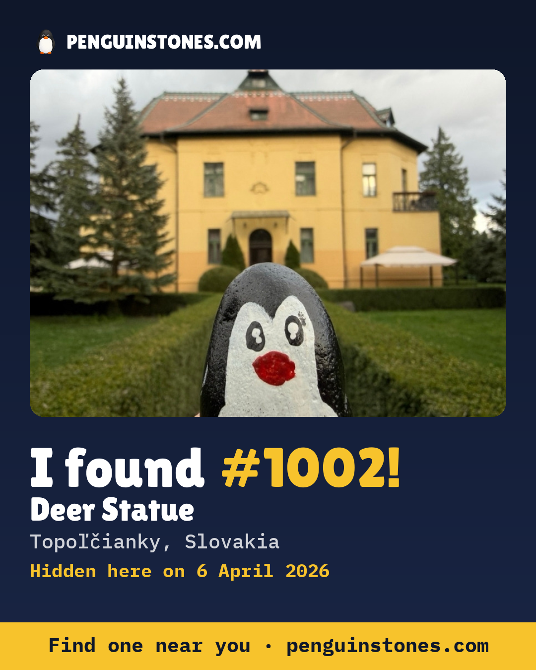 Obrázok s nápisom „I found #1002“: fotka kameňa, kde je a ako ďaleko docestoval