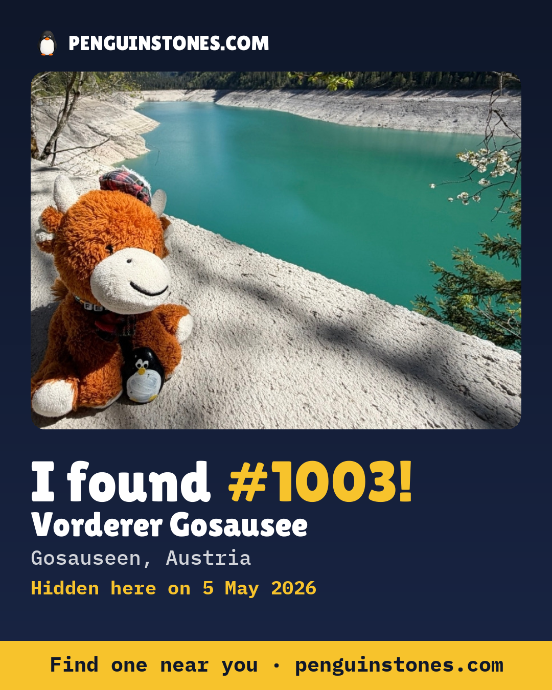 Obrázok s nápisom „I found #1003“: fotka kameňa, kde je a ako ďaleko docestoval