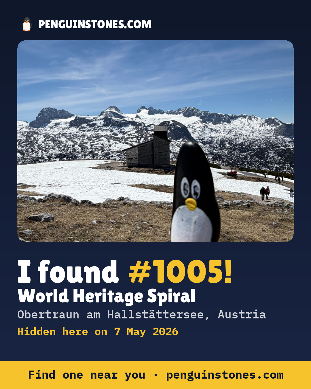 Obrázok s nápisom „I found #1005“: fotka kameňa, kde je a ako ďaleko docestoval