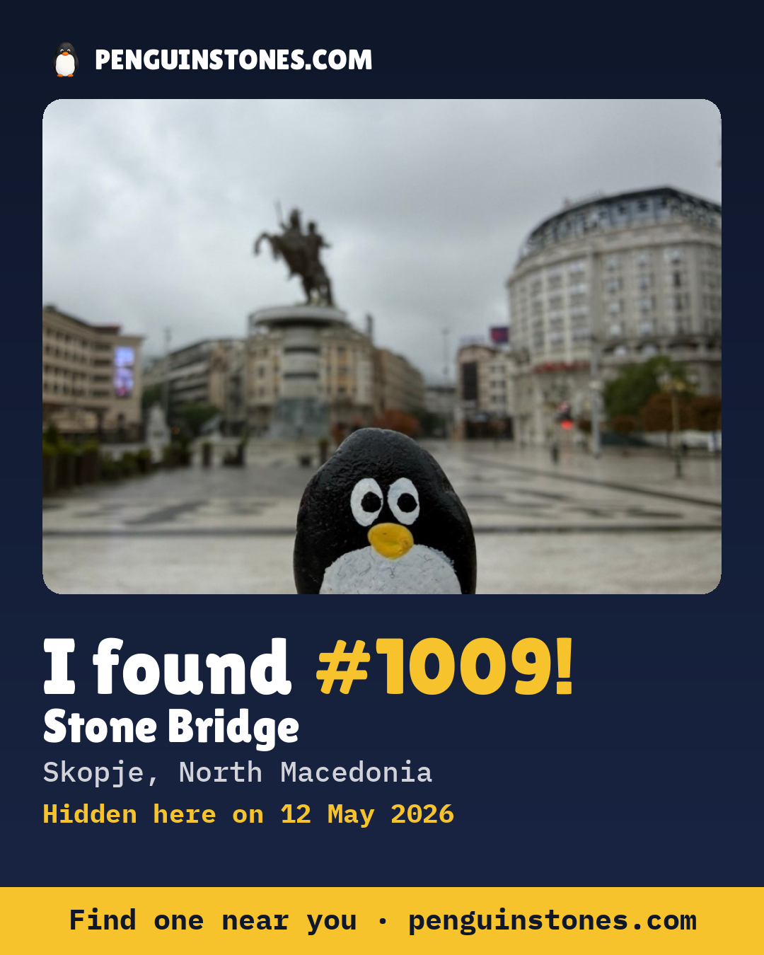 Obrázok s nápisom „I found #1009“: fotka kameňa, kde je a ako ďaleko docestoval