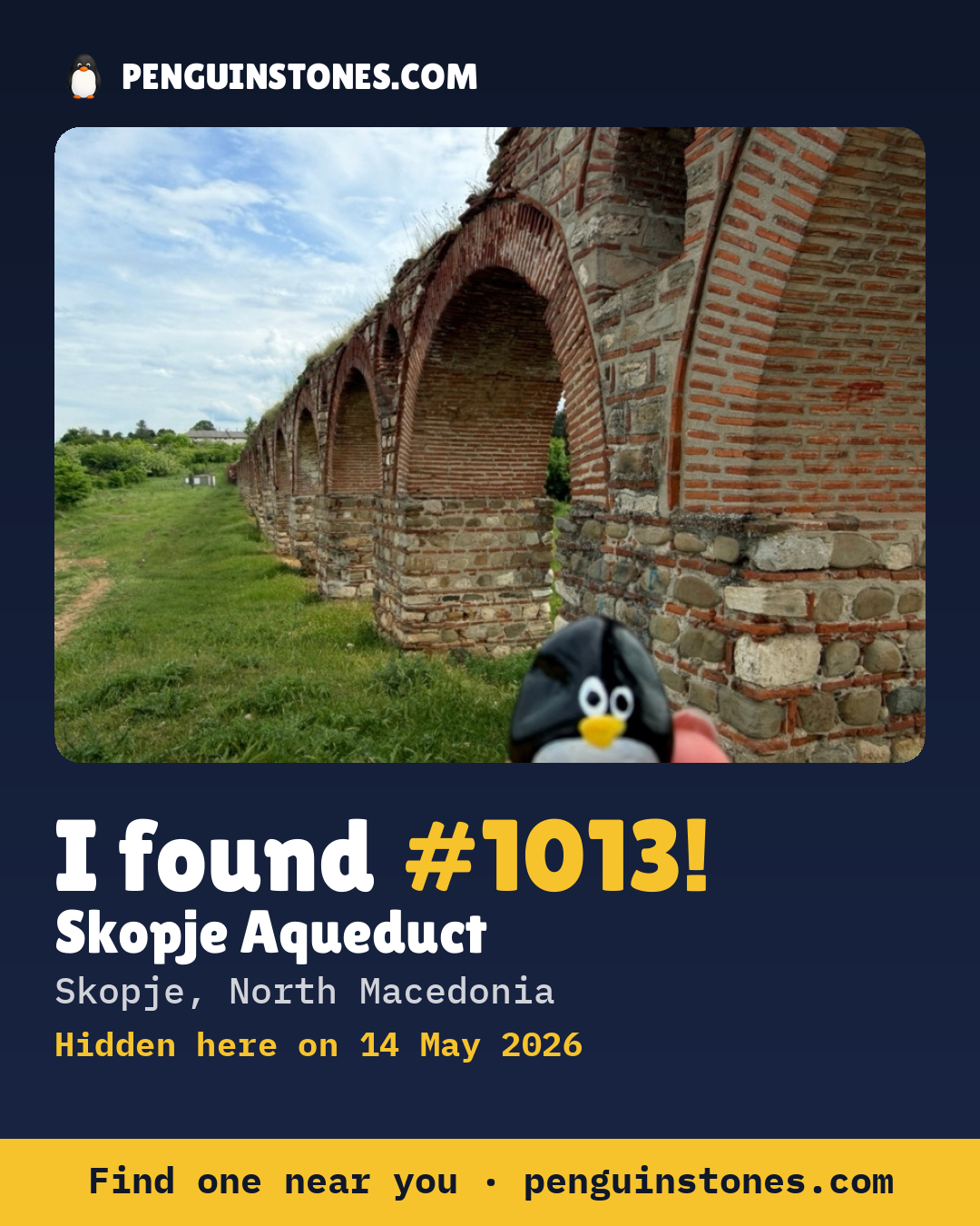 Obrázok s nápisom „I found #1013“: fotka kameňa, kde je a ako ďaleko docestoval