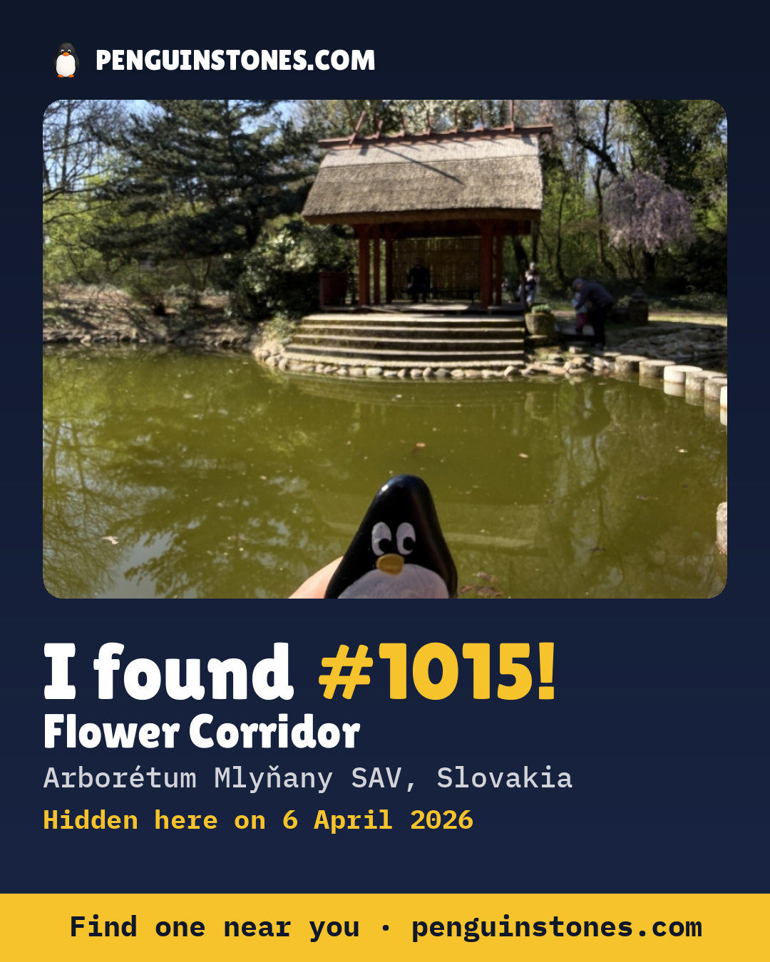 Obrázok s nápisom „I found #1015“: fotka kameňa, kde je a ako ďaleko docestoval