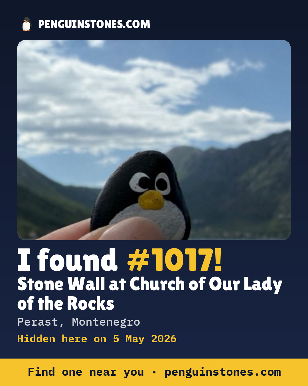 Obrázok s nápisom „I found #1017“: fotka kameňa, kde je a ako ďaleko docestoval