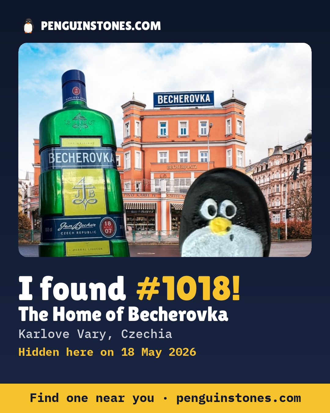 Obrázok s nápisom „I found #1018“: fotka kameňa, kde je a ako ďaleko docestoval