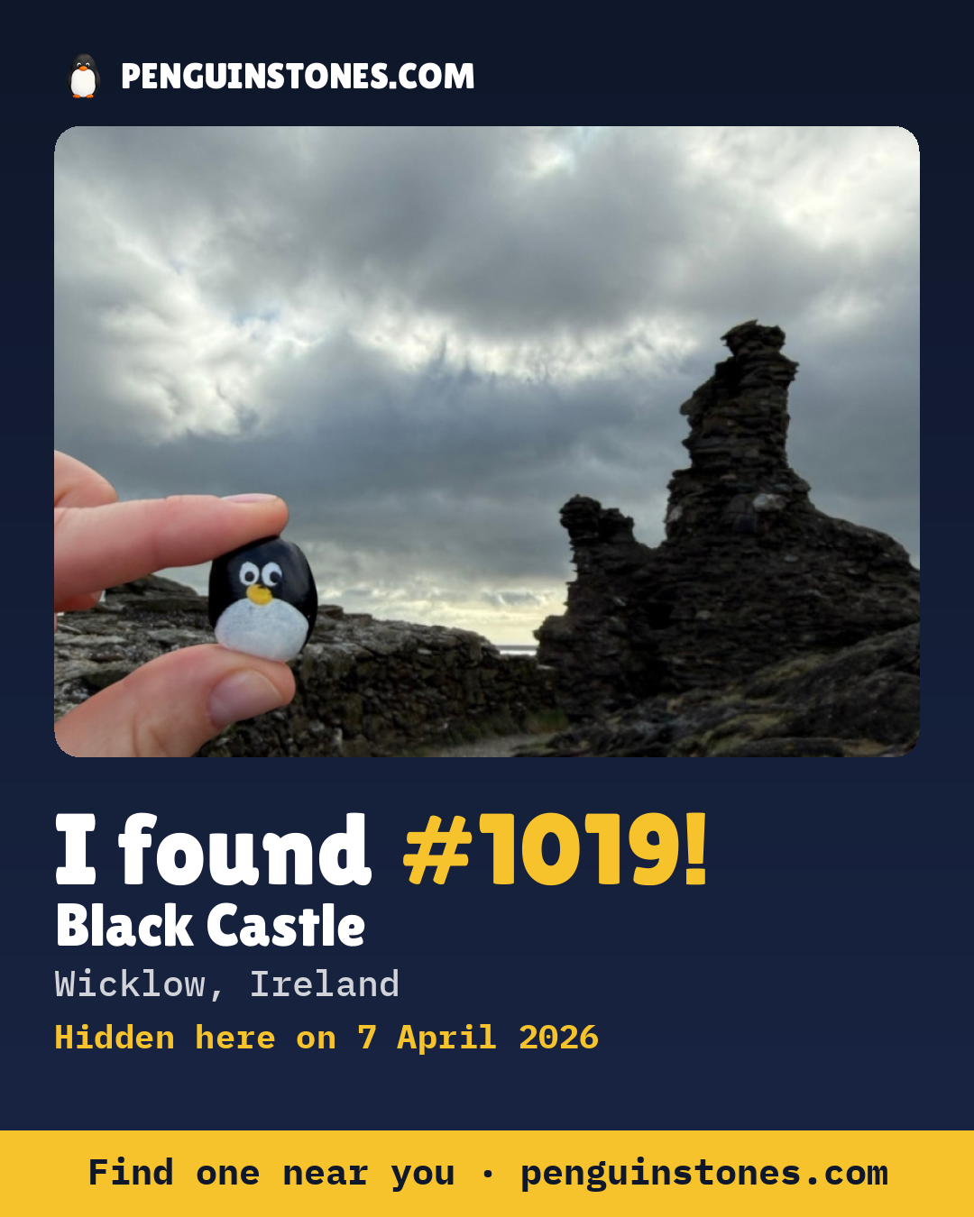 Obrázok s nápisom „I found #1019“: fotka kameňa, kde je a ako ďaleko docestoval