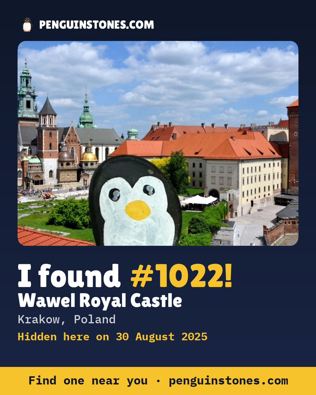 Obrázok s nápisom „I found #1022“: fotka kameňa, kde je a ako ďaleko docestoval