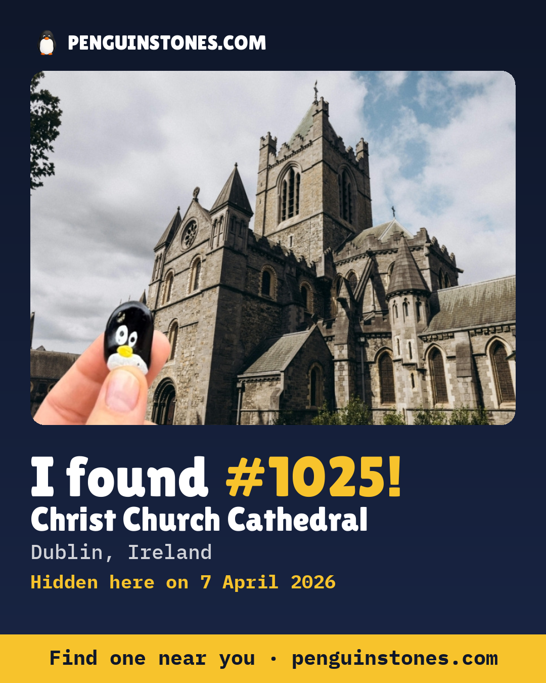 Obrázok s nápisom „I found #1025“: fotka kameňa, kde je a ako ďaleko docestoval