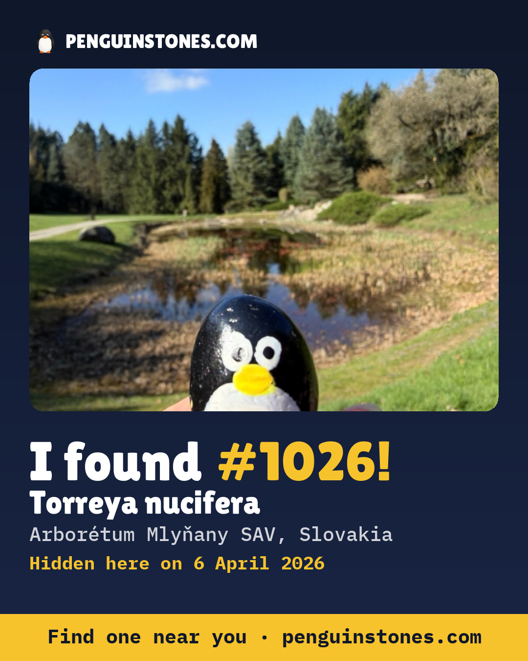 Obrázok s nápisom „I found #1026“: fotka kameňa, kde je a ako ďaleko docestoval