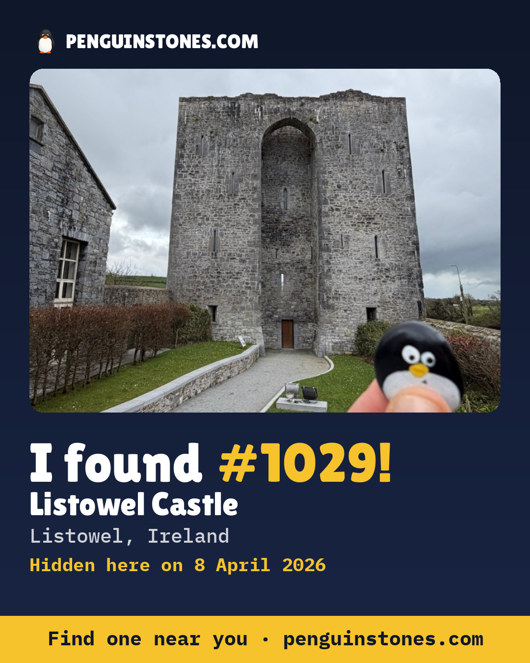 Obrázok s nápisom „I found #1029“: fotka kameňa, kde je a ako ďaleko docestoval