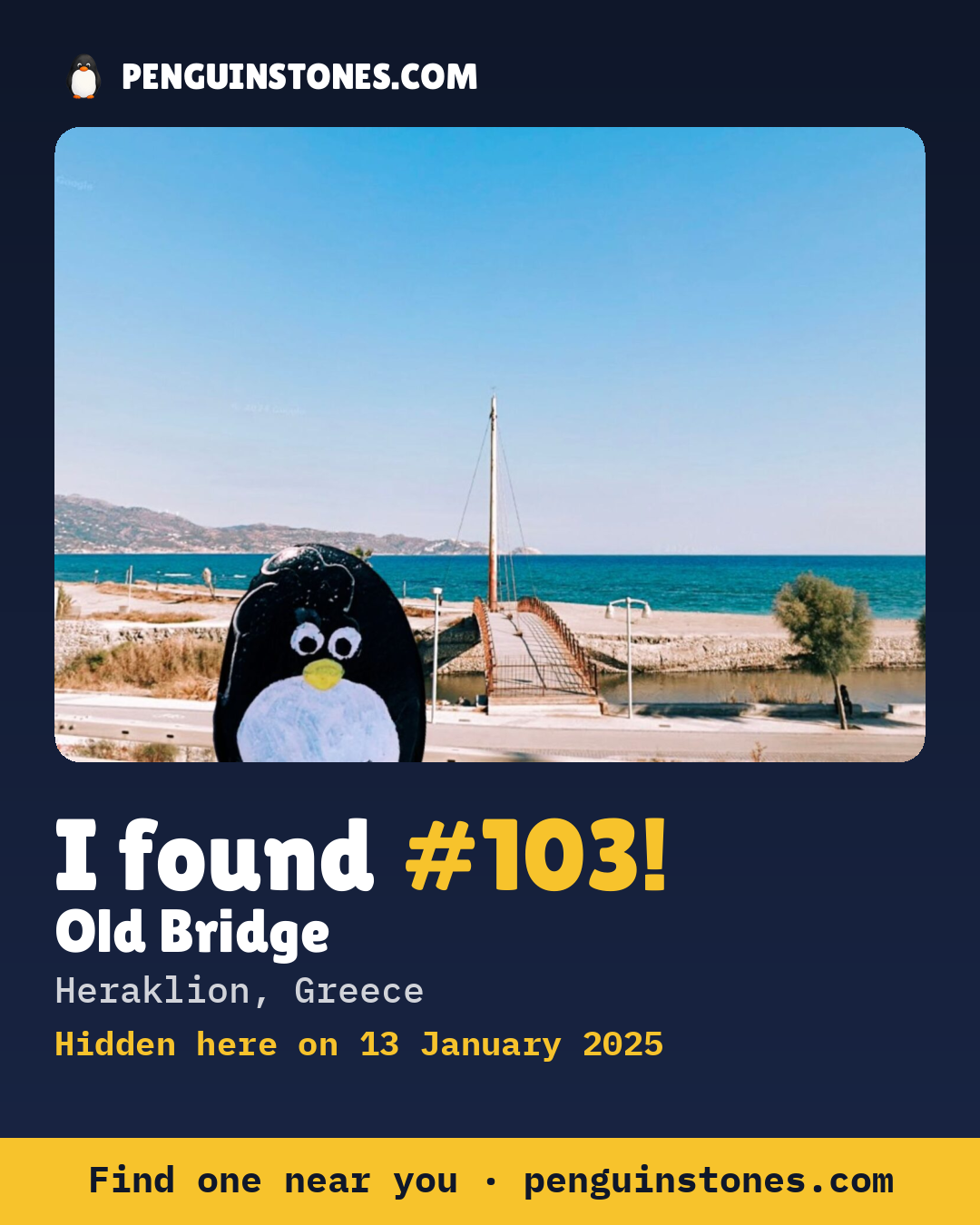 Obrázok s nápisom „I found #103“: fotka kameňa, kde je a ako ďaleko docestoval