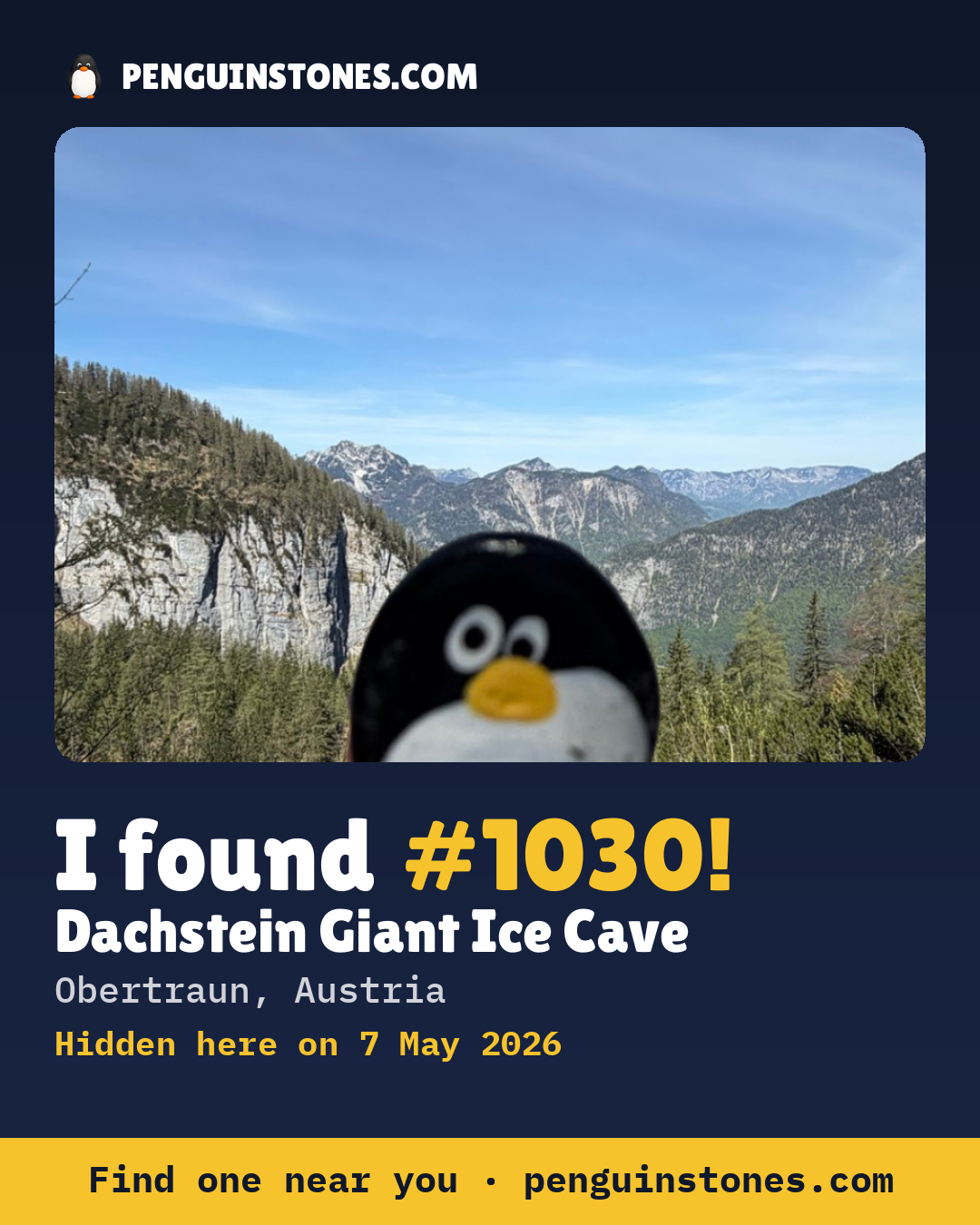 Obrázok s nápisom „I found #1030“: fotka kameňa, kde je a ako ďaleko docestoval