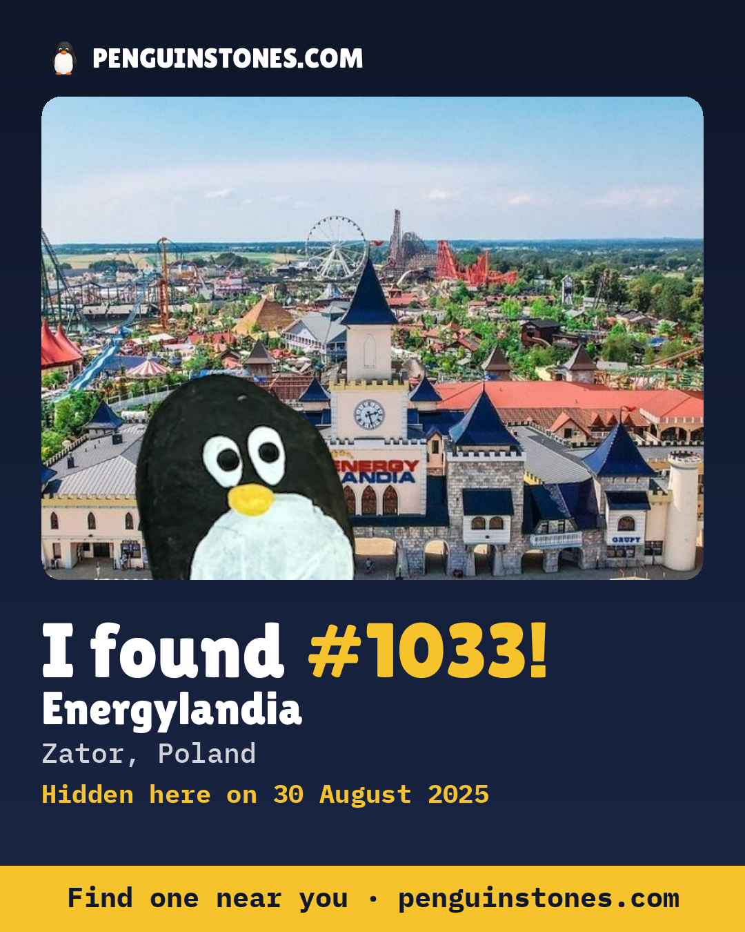 Obrázok s nápisom „I found #1033“: fotka kameňa, kde je a ako ďaleko docestoval