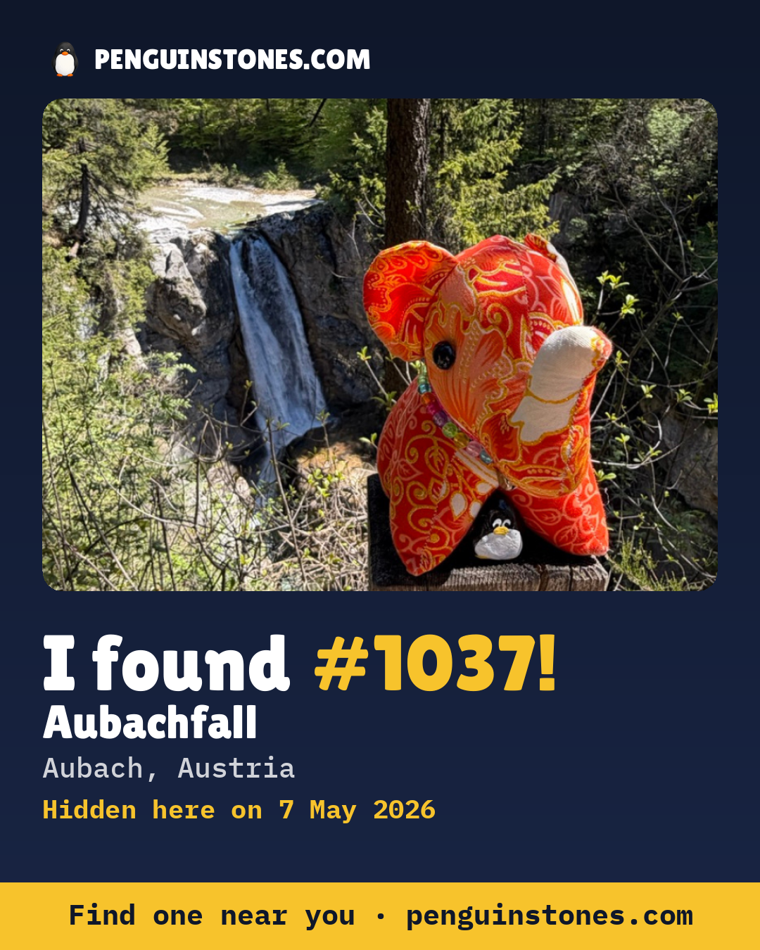 Obrázok s nápisom „I found #1037“: fotka kameňa, kde je a ako ďaleko docestoval