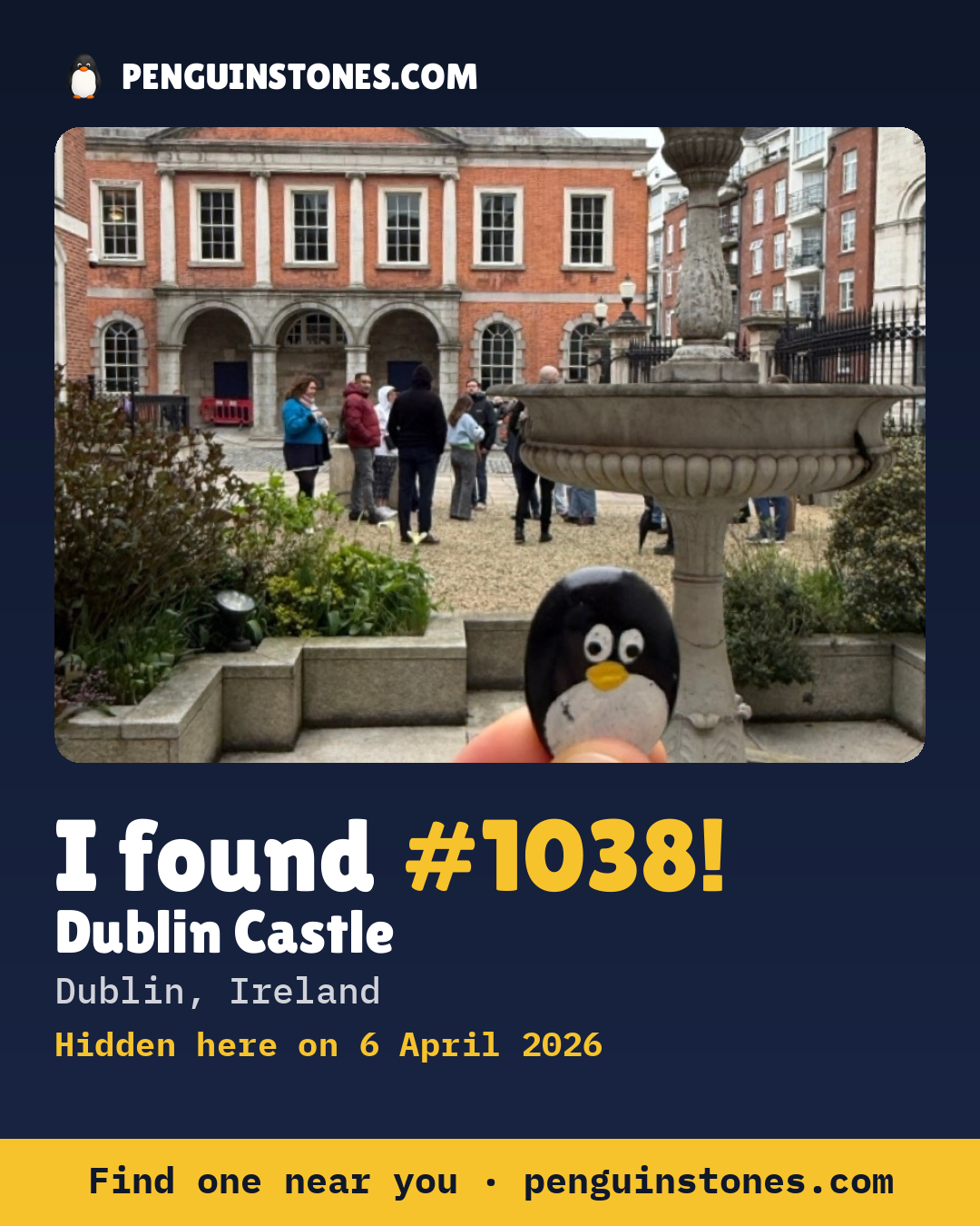 Obrázok s nápisom „I found #1038“: fotka kameňa, kde je a ako ďaleko docestoval