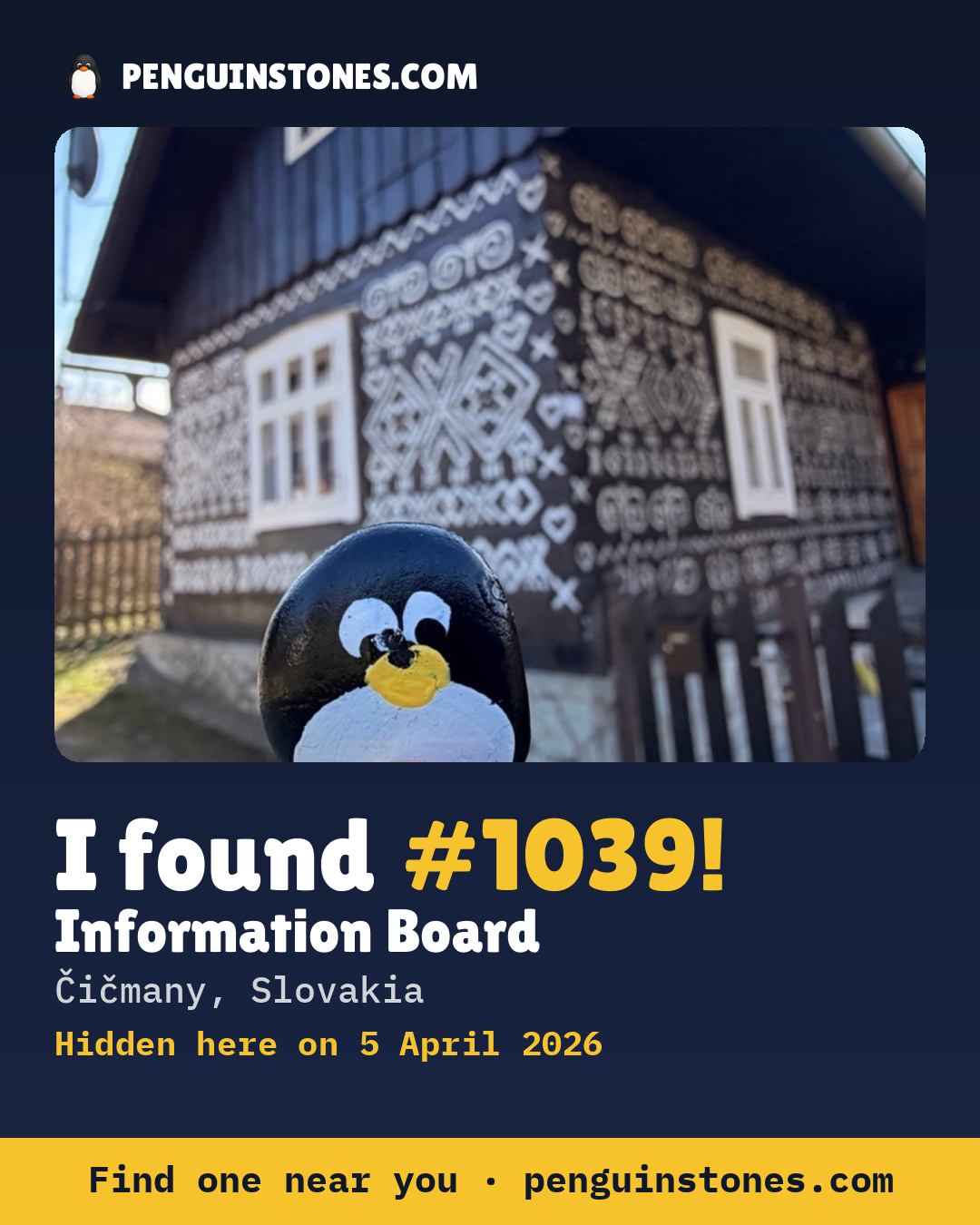 Obrázok s nápisom „I found #1039“: fotka kameňa, kde je a ako ďaleko docestoval