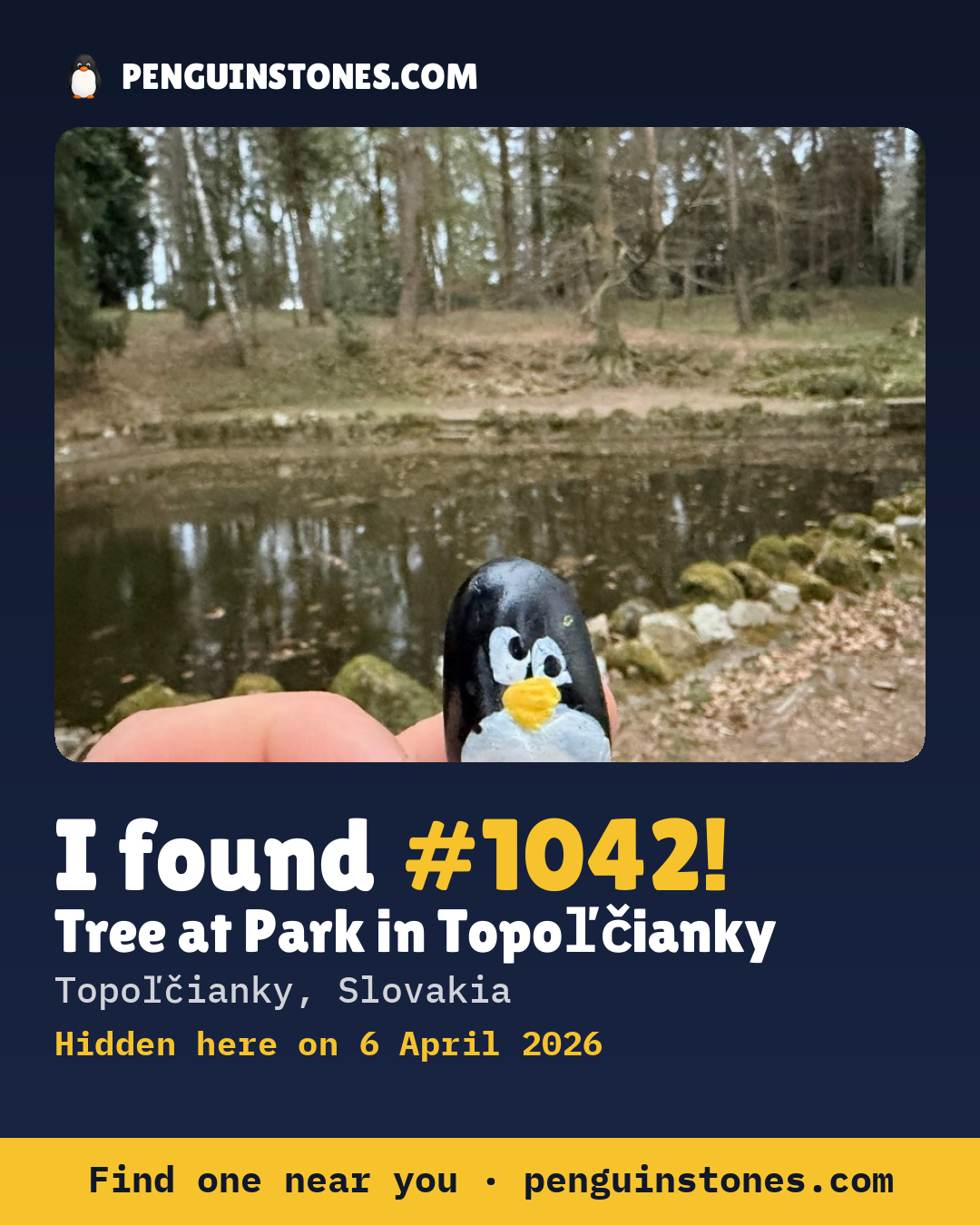 Obrázok s nápisom „I found #1042“: fotka kameňa, kde je a ako ďaleko docestoval