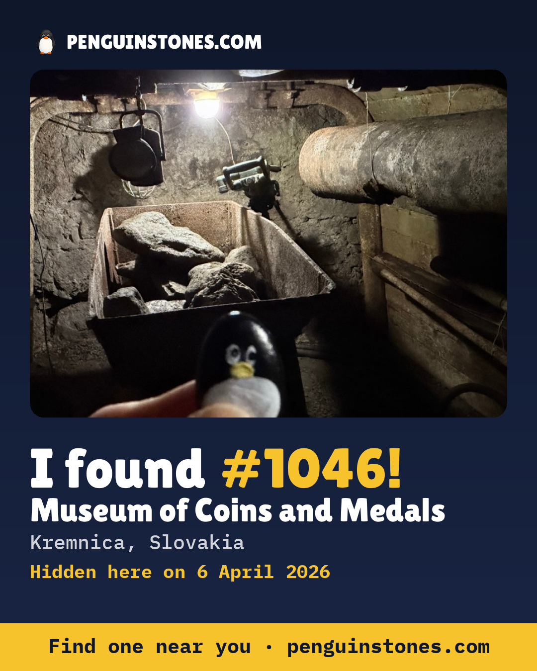 Obrázok s nápisom „I found #1046“: fotka kameňa, kde je a ako ďaleko docestoval