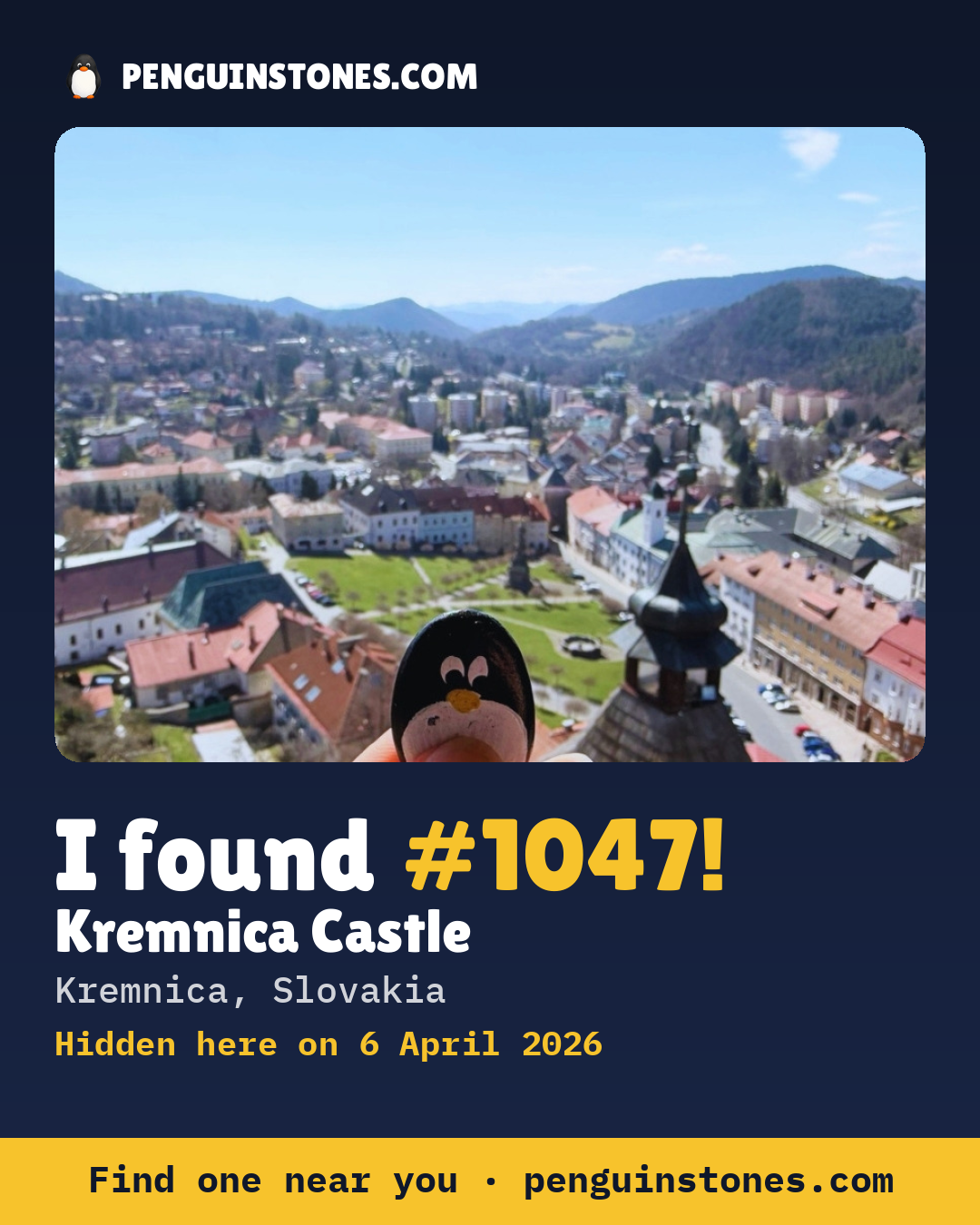 Obrázok s nápisom „I found #1047“: fotka kameňa, kde je a ako ďaleko docestoval