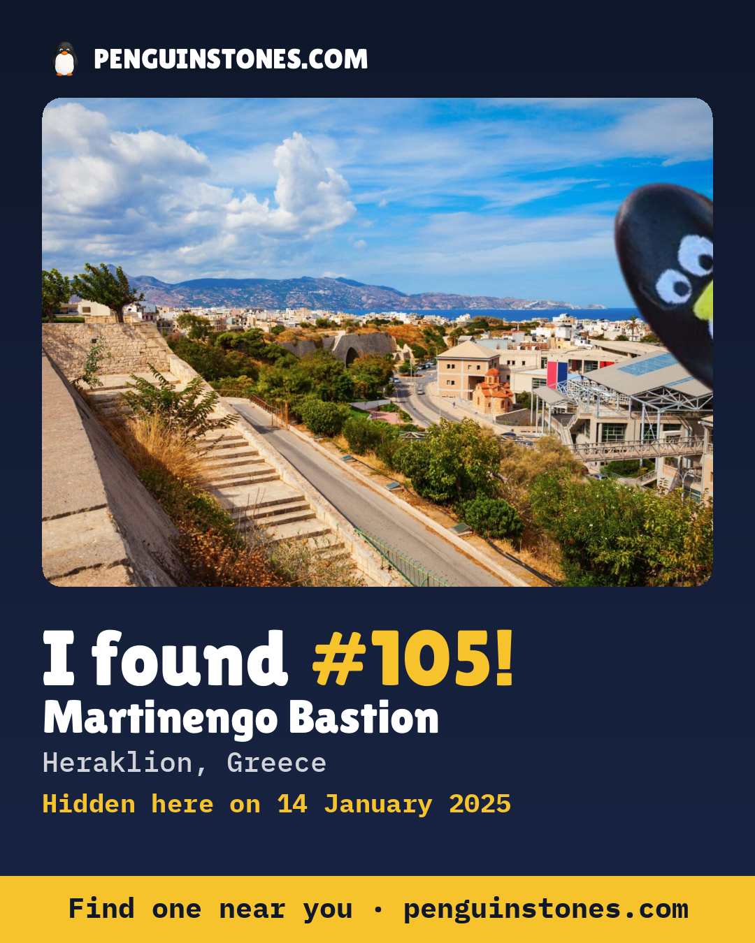 Obrázok s nápisom „I found #105“: fotka kameňa, kde je a ako ďaleko docestoval