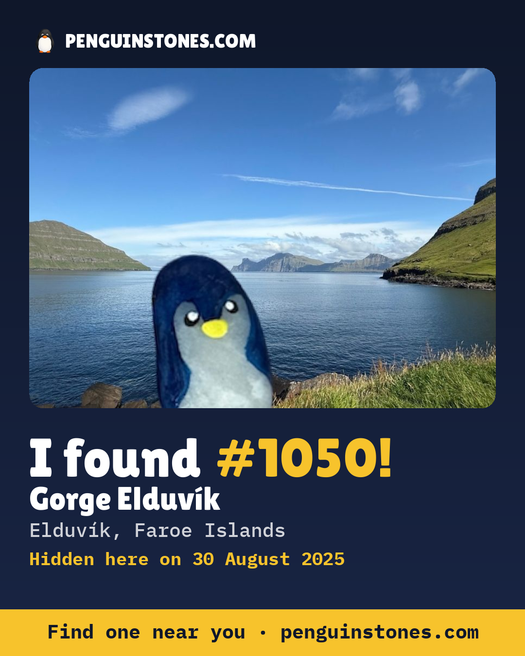 Obrázok s nápisom „I found #1050“: fotka kameňa, kde je a ako ďaleko docestoval
