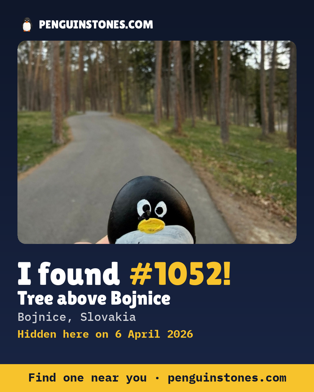 Obrázok s nápisom „I found #1052“: fotka kameňa, kde je a ako ďaleko docestoval