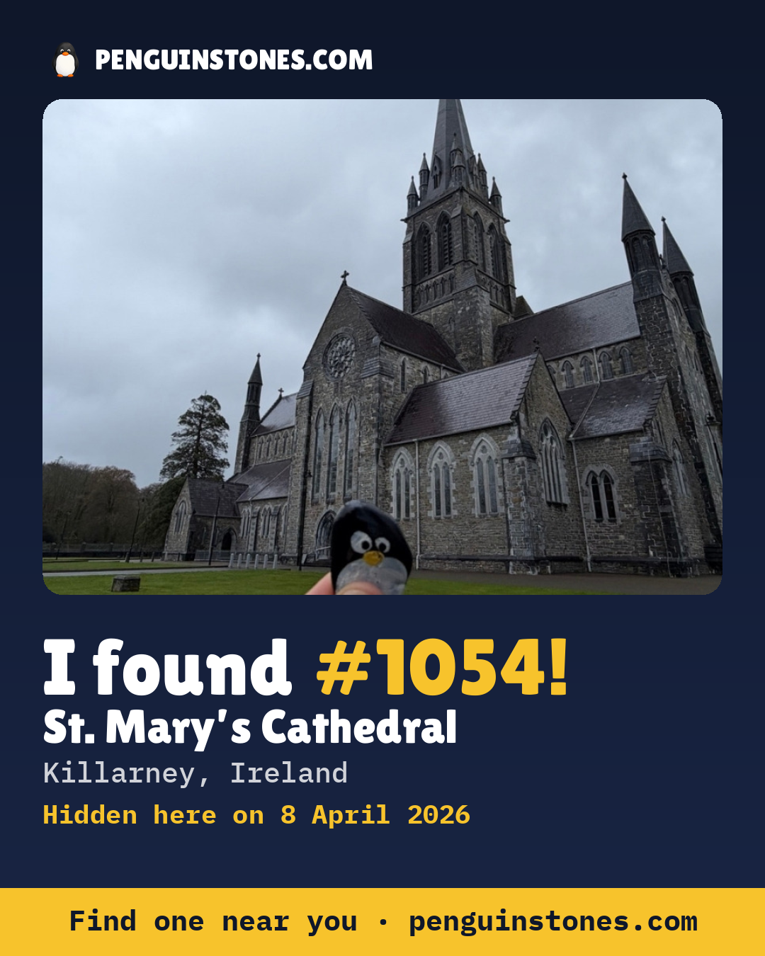 Obrázok s nápisom „I found #1054“: fotka kameňa, kde je a ako ďaleko docestoval
