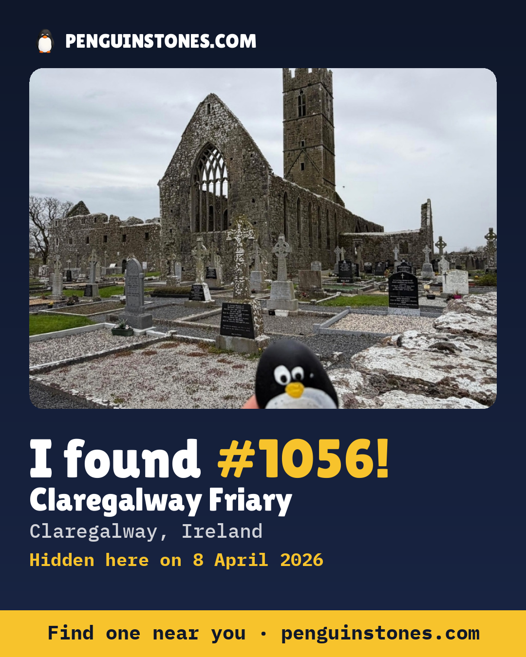 Obrázok s nápisom „I found #1056“: fotka kameňa, kde je a ako ďaleko docestoval