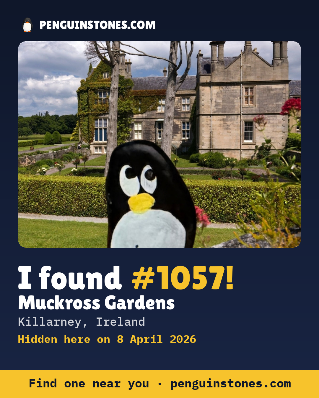 Obrázok s nápisom „I found #1057“: fotka kameňa, kde je a ako ďaleko docestoval