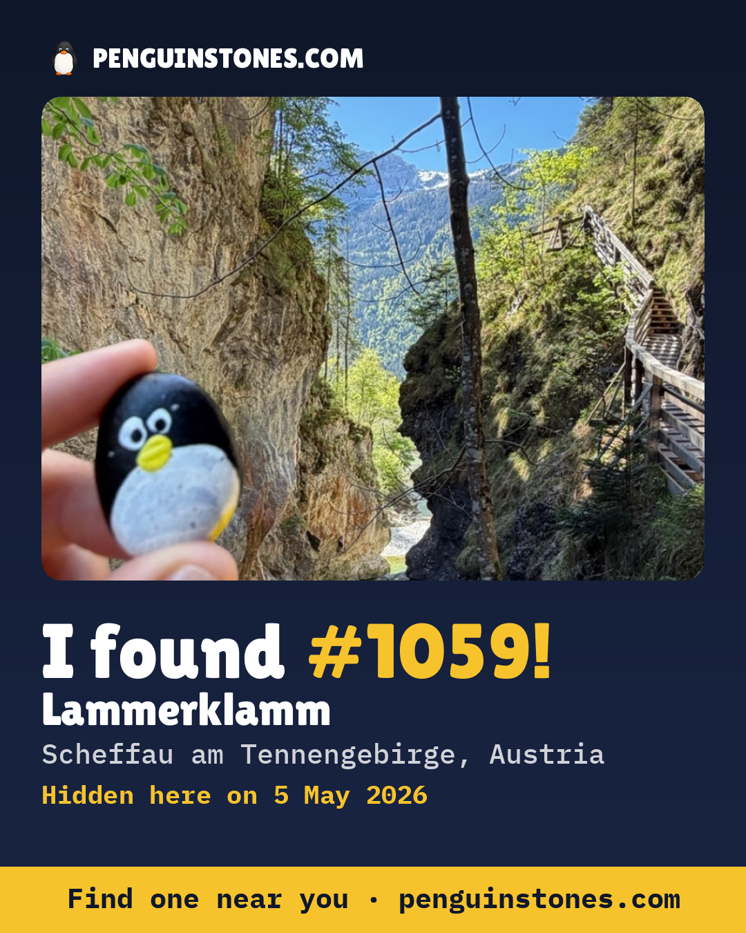 Obrázok s nápisom „I found #1059“: fotka kameňa, kde je a ako ďaleko docestoval