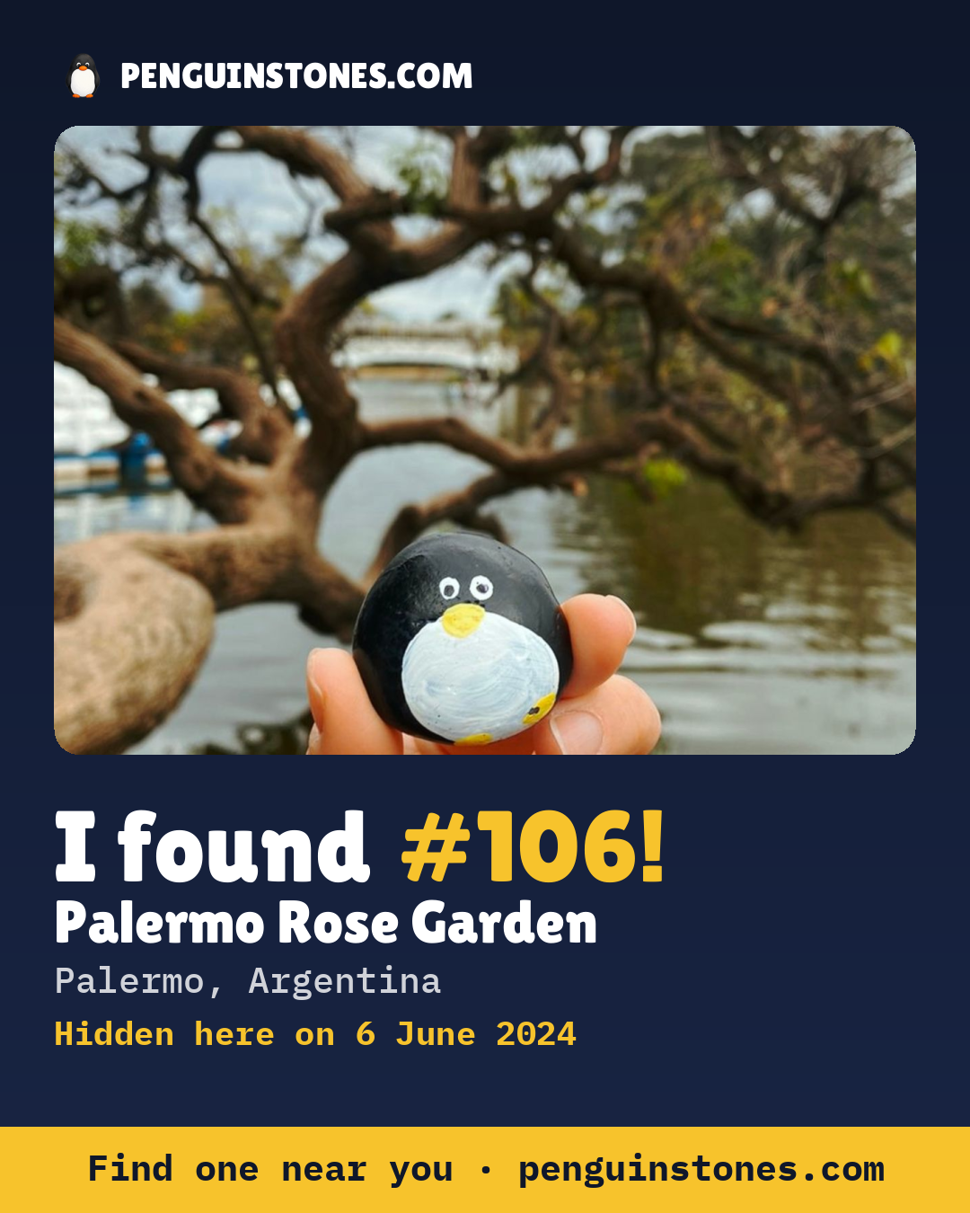 Obrázok s nápisom „I found #106“: fotka kameňa, kde je a ako ďaleko docestoval