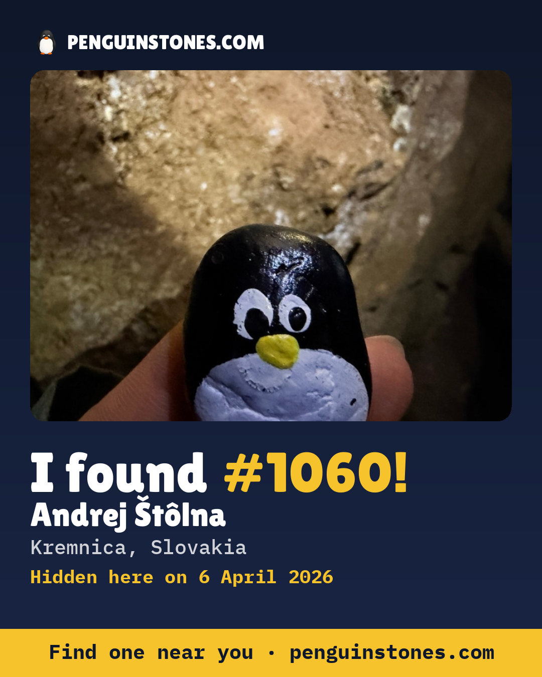 Obrázok s nápisom „I found #1060“: fotka kameňa, kde je a ako ďaleko docestoval