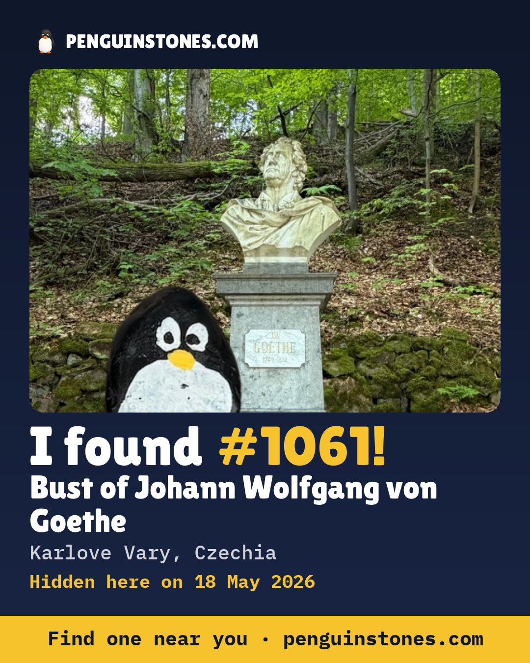 Obrázok s nápisom „I found #1061“: fotka kameňa, kde je a ako ďaleko docestoval