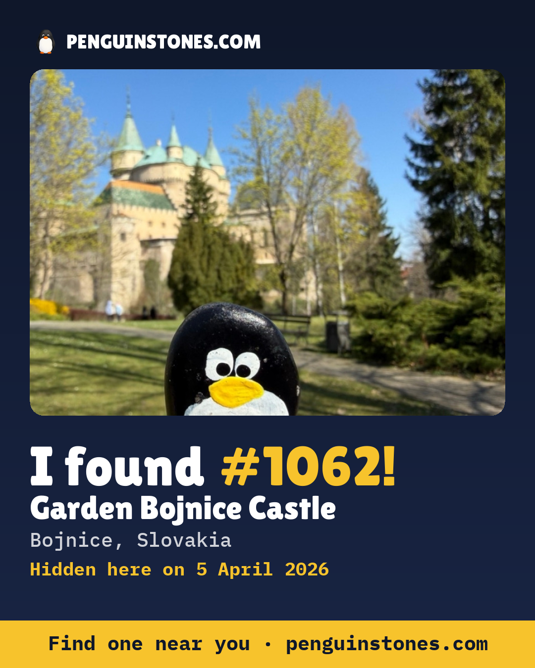 Obrázok s nápisom „I found #1062“: fotka kameňa, kde je a ako ďaleko docestoval