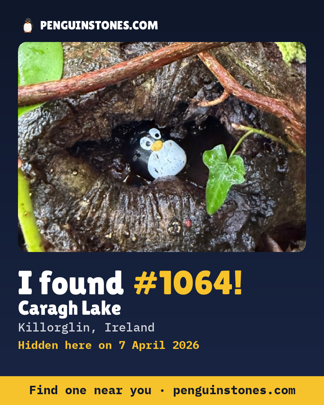 Obrázok s nápisom „I found #1064“: fotka kameňa, kde je a ako ďaleko docestoval