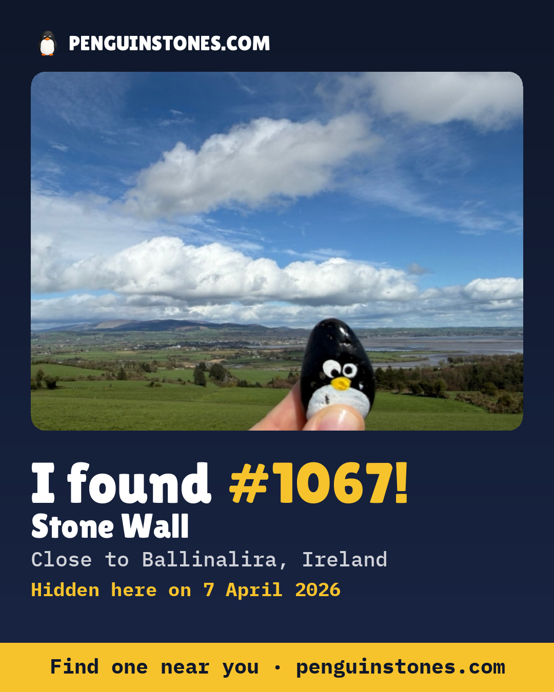 Obrázok s nápisom „I found #1067“: fotka kameňa, kde je a ako ďaleko docestoval