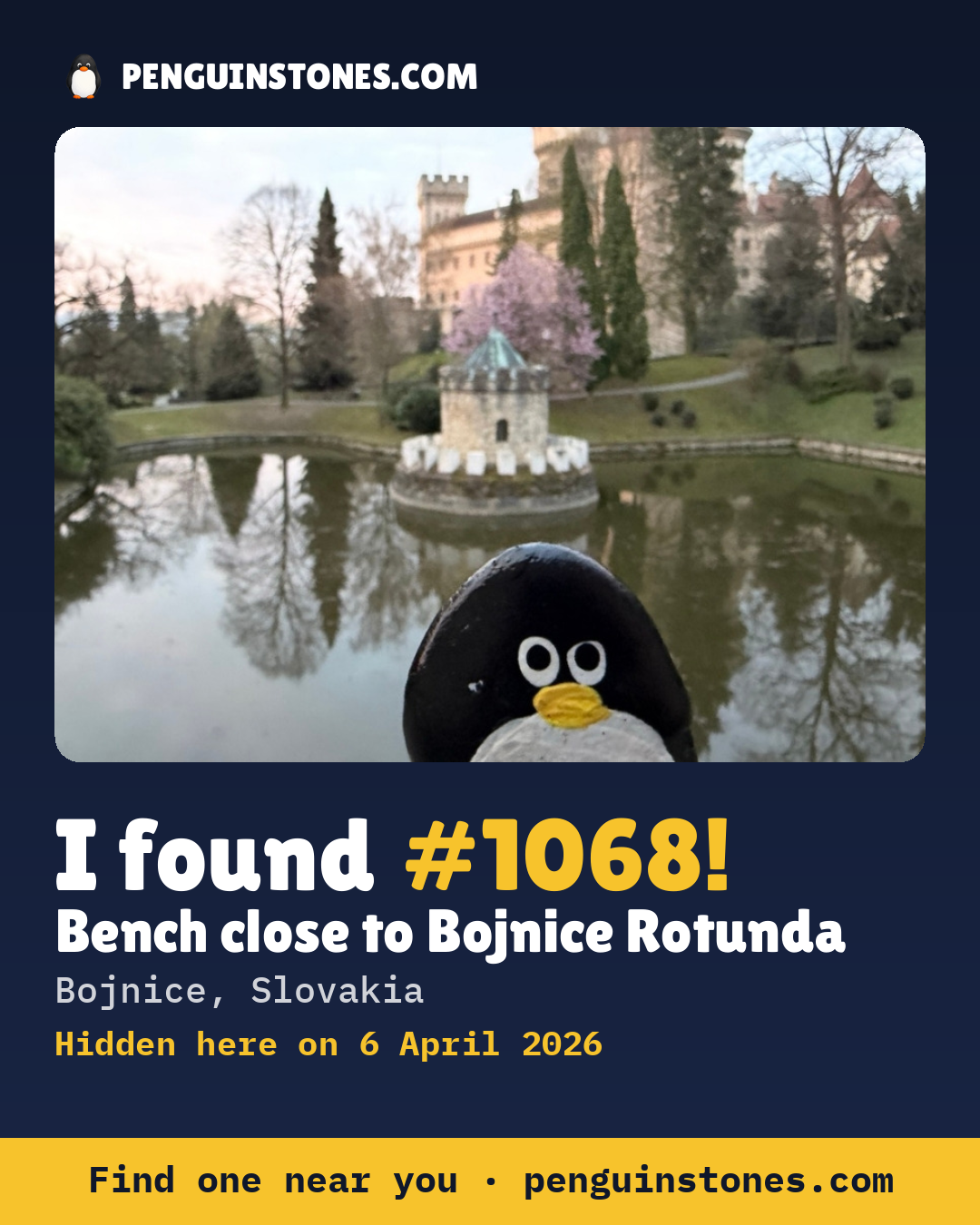 Obrázok s nápisom „I found #1068“: fotka kameňa, kde je a ako ďaleko docestoval