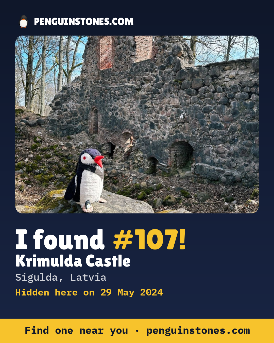 Obrázok s nápisom „I found #107“: fotka kameňa, kde je a ako ďaleko docestoval