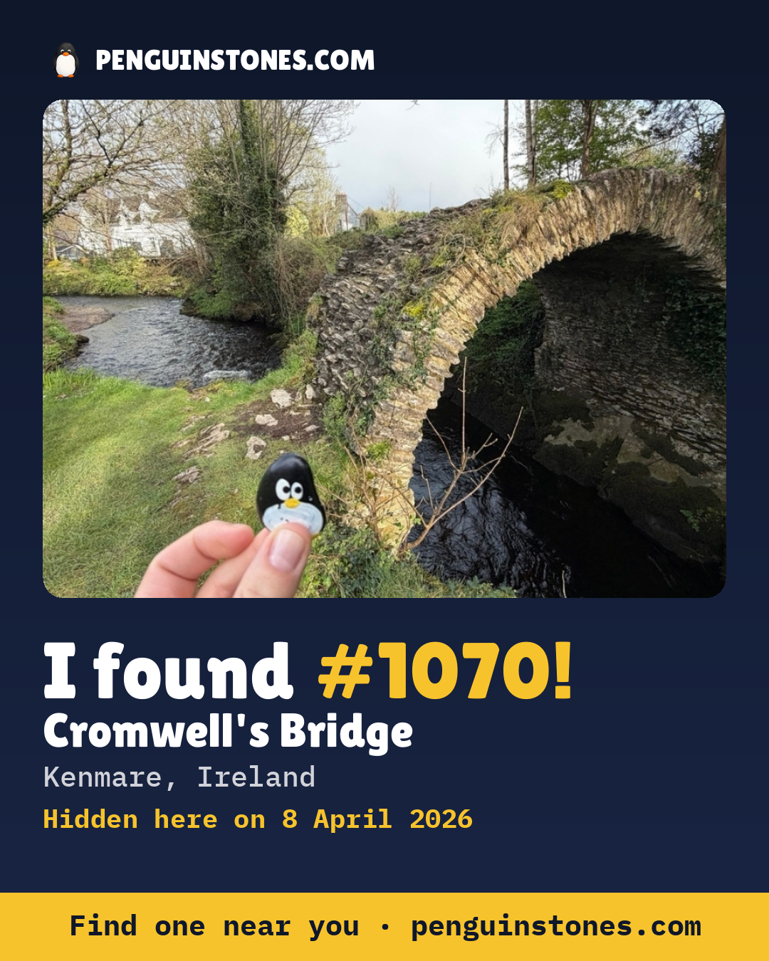 Obrázok s nápisom „I found #1070“: fotka kameňa, kde je a ako ďaleko docestoval