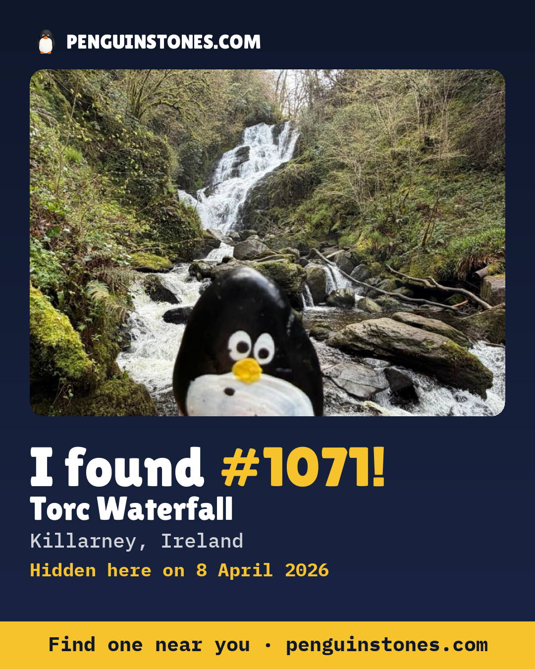 Obrázok s nápisom „I found #1071“: fotka kameňa, kde je a ako ďaleko docestoval