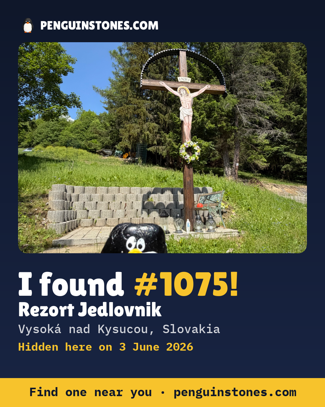 Obrázok s nápisom „I found #1075“: fotka kameňa, kde je a ako ďaleko docestoval