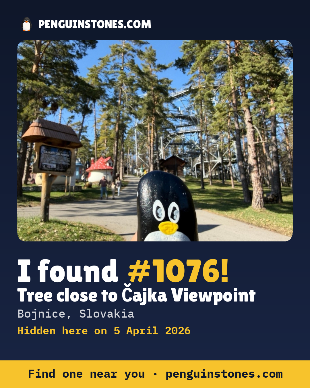 Obrázok s nápisom „I found #1076“: fotka kameňa, kde je a ako ďaleko docestoval