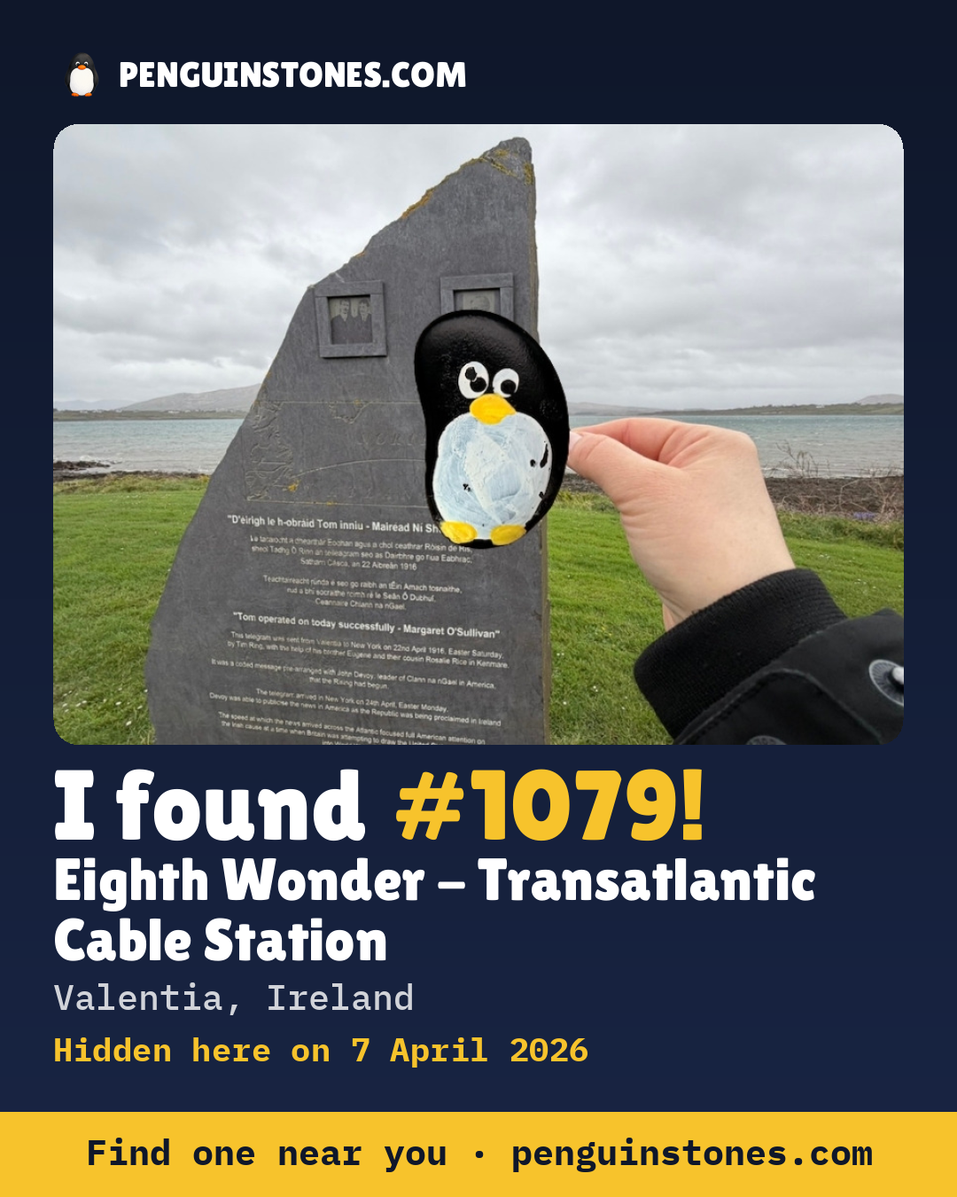 Obrázok s nápisom „I found #1079“: fotka kameňa, kde je a ako ďaleko docestoval