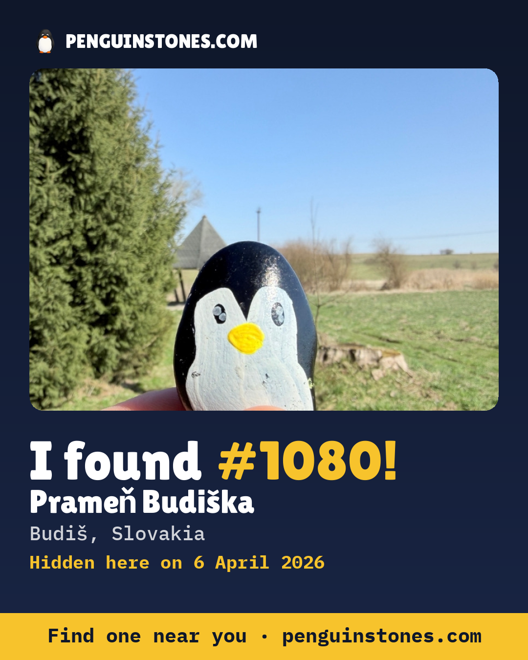 Obrázok s nápisom „I found #1080“: fotka kameňa, kde je a ako ďaleko docestoval