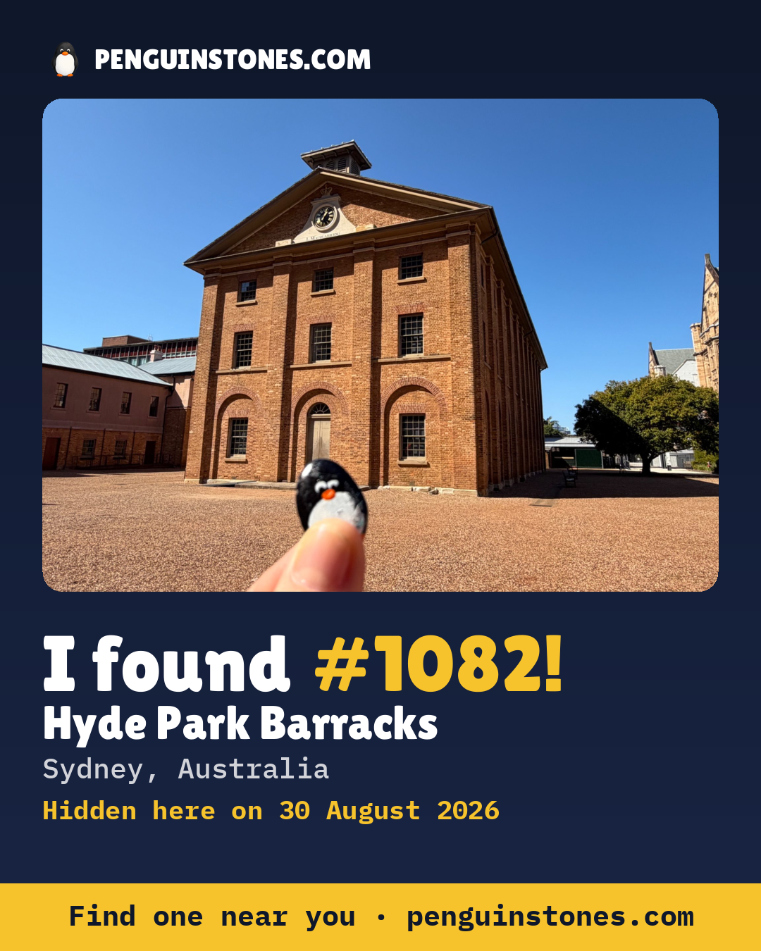 Obrázok s nápisom „I found #1082“: fotka kameňa, kde je a ako ďaleko docestoval