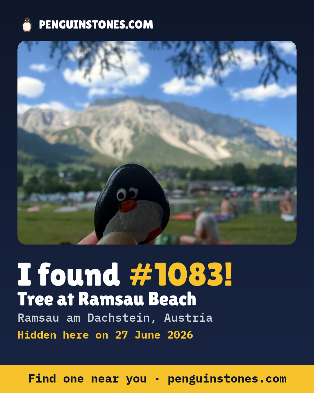 Obrázok s nápisom „I found #1083“: fotka kameňa, kde je a ako ďaleko docestoval