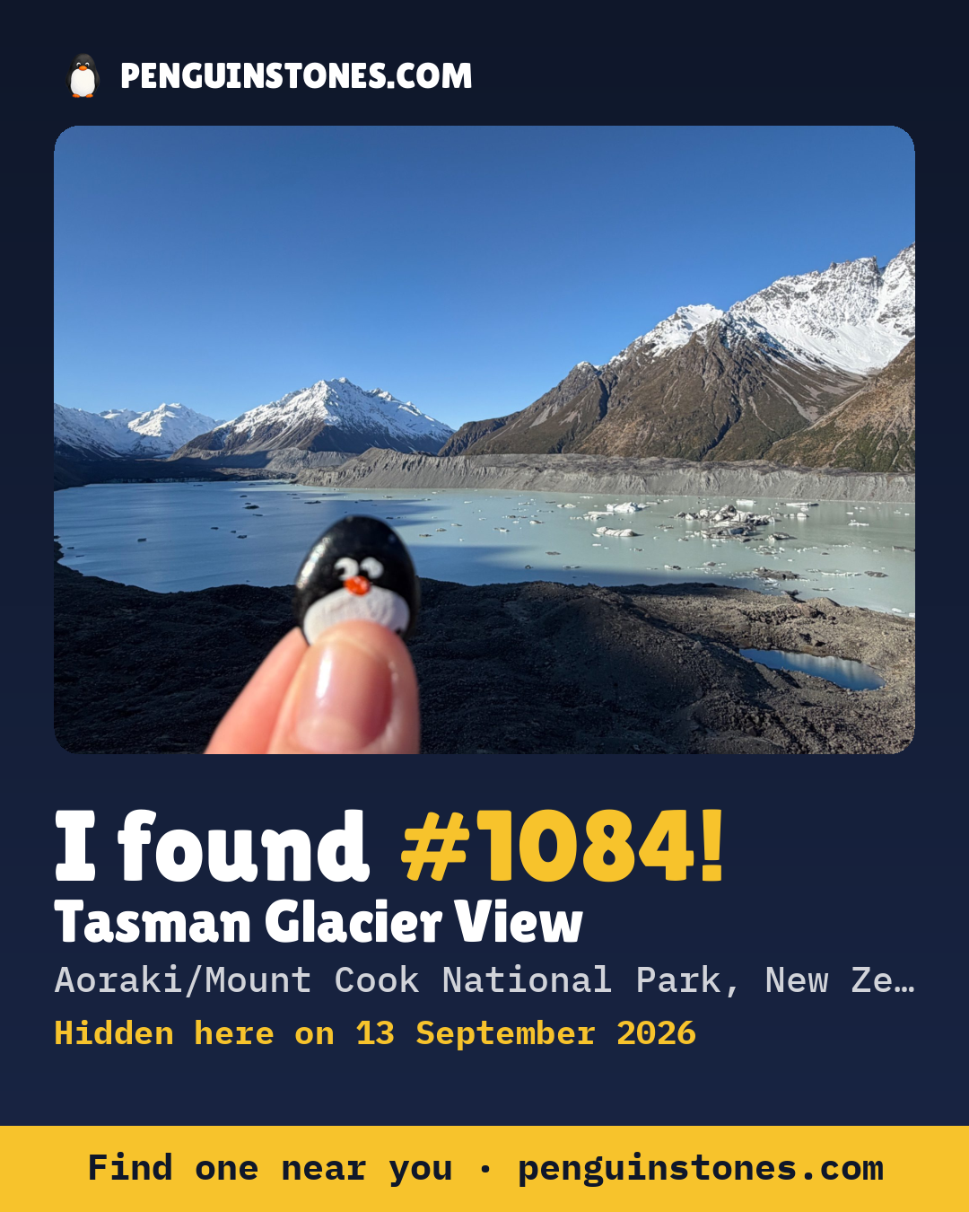 Obrázok s nápisom „I found #1084“: fotka kameňa, kde je a ako ďaleko docestoval