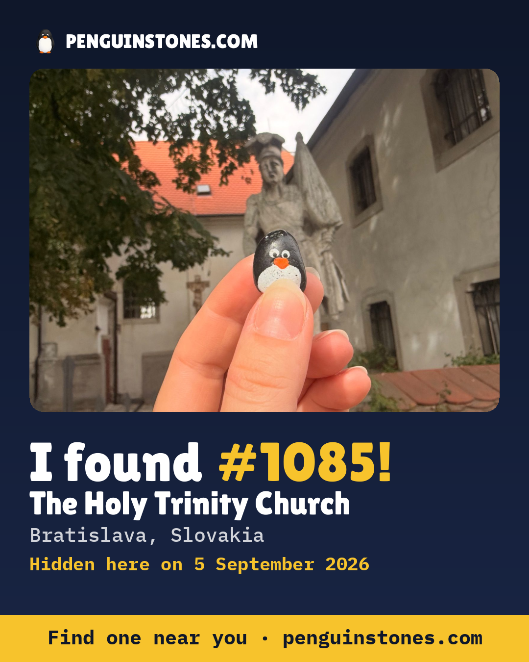Obrázok s nápisom „I found #1085“: fotka kameňa, kde je a ako ďaleko docestoval