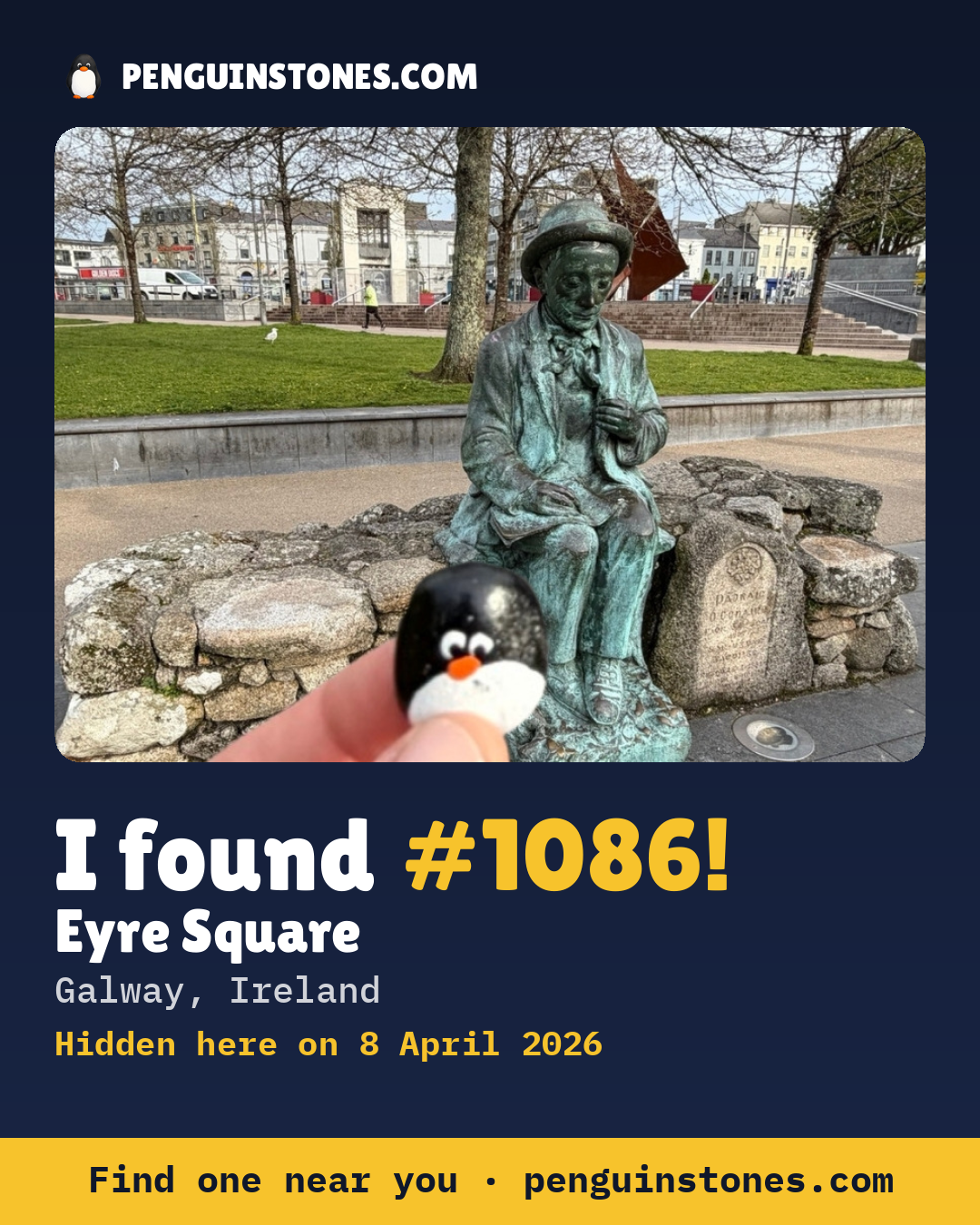 Obrázok s nápisom „I found #1086“: fotka kameňa, kde je a ako ďaleko docestoval