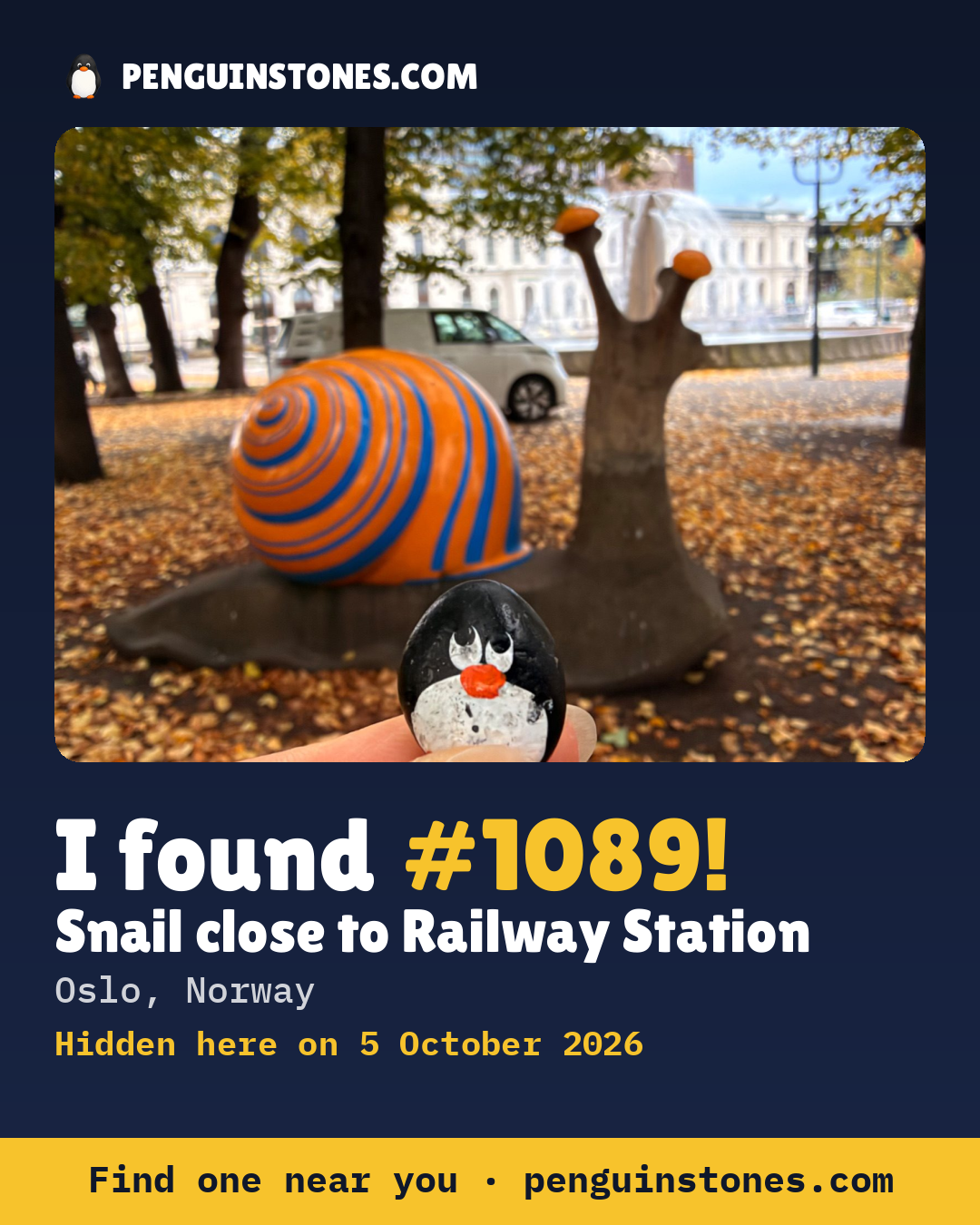 An “I found #1089” picture: the stone’s photo, where it is and how far it has travelled